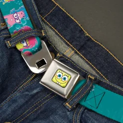 Sponge Bob Face CLOSE-UP Full Color Seatbelt Belt - Patrick, SpongeBob & Gary NOT NORMAL Aqua Webbing