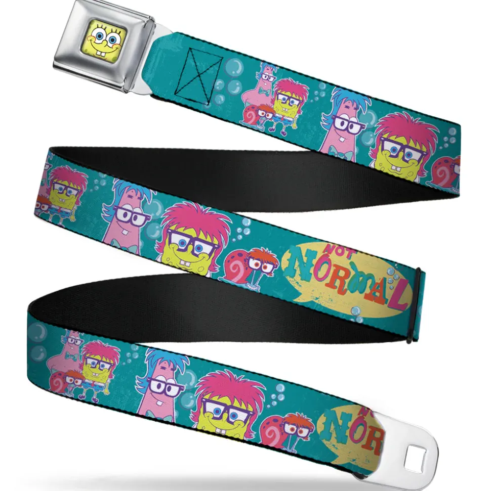 Sponge Bob Face CLOSE-UP Full Color Seatbelt Belt - Patrick, SpongeBob & Gary NOT NORMAL Aqua Webbing