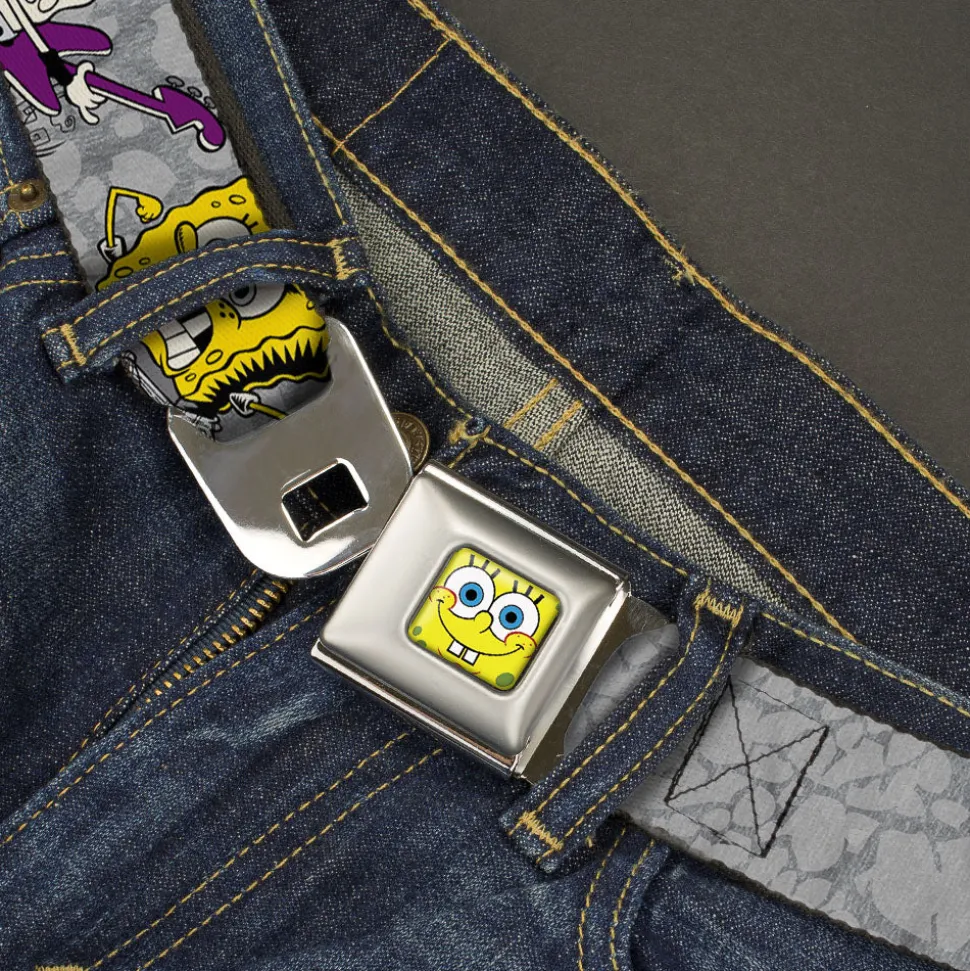 Sponge Bob Face CLOSE-UP Full Color Seatbelt Belt - SpongeBob 3-Poses SPONGEITUDE Grays/Black Webbing