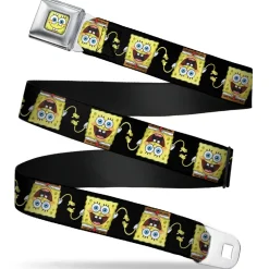Sponge Bob Face CLOSE-UP Full Color Seatbelt Belt - SpongeBob 3-D Pose Flip Black Webbing