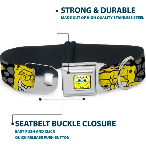 SpongeBob Face CLOSE-UP Full Color Seatbelt Buckle Collar - SpongeBob 4-CLOSE-UP Expressions/Crackle Black/Gray/Yellow
