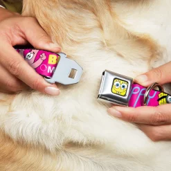 SpongeBob Face CLOSE-UP Full Color Seatbelt Buckle Collar - Patrick Starfish Pose BUBBLES MAKE PEOPLE HAPPY Pink/Yellow/White/Blue