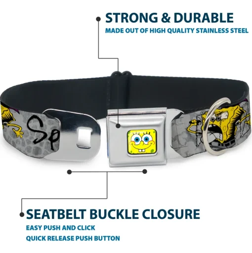 SpongeBob Face CLOSE-UP Full Color Seatbelt Buckle Collar - SpongeBob 3-Poses SPONGEITUDE Grays/Black