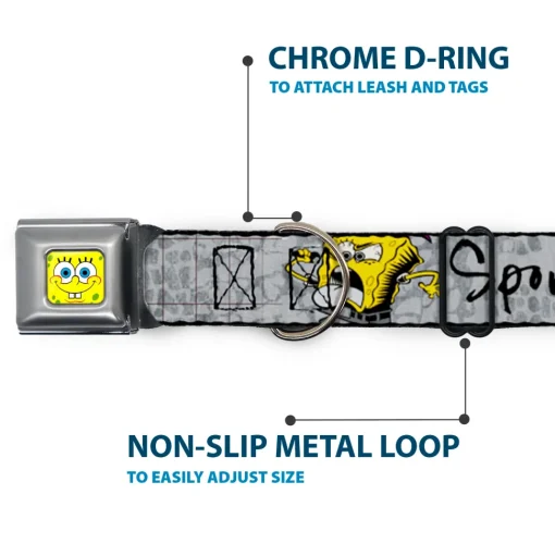 SpongeBob Face CLOSE-UP Full Color Seatbelt Buckle Collar - SpongeBob 3-Poses SPONGEITUDE Grays/Black