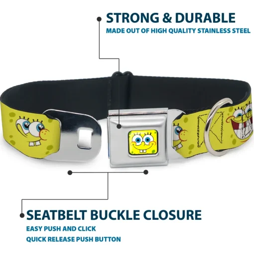 SpongeBob Face CLOSE-UP Full Color Seatbelt Buckle Collar - SpongeBob Expressions Yellow