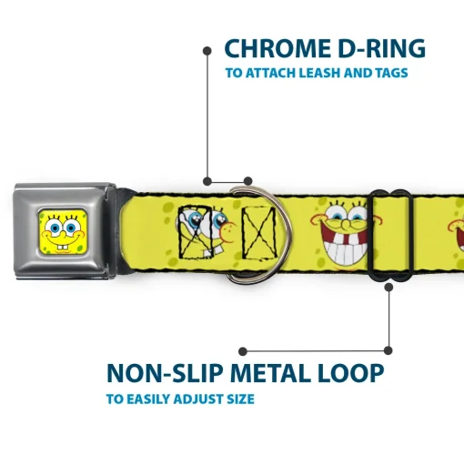 SpongeBob Face CLOSE-UP Full Color Seatbelt Buckle Collar - SpongeBob Expressions Yellow