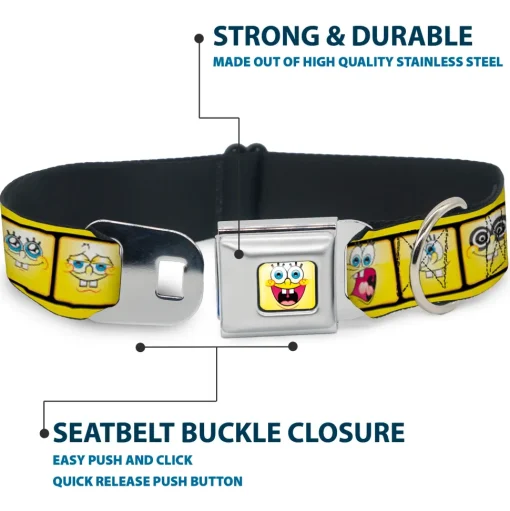 SpongeBob Open Mouth Smile Full Color Seatbelt Buckle Collar - SpongeBob 10-Expressions Filmstrip Yellows/Black/White