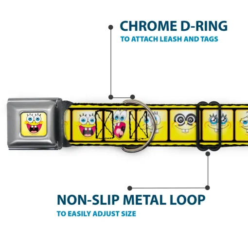 SpongeBob Open Mouth Smile Full Color Seatbelt Buckle Collar - SpongeBob 10-Expressions Filmstrip Yellows/Black/White