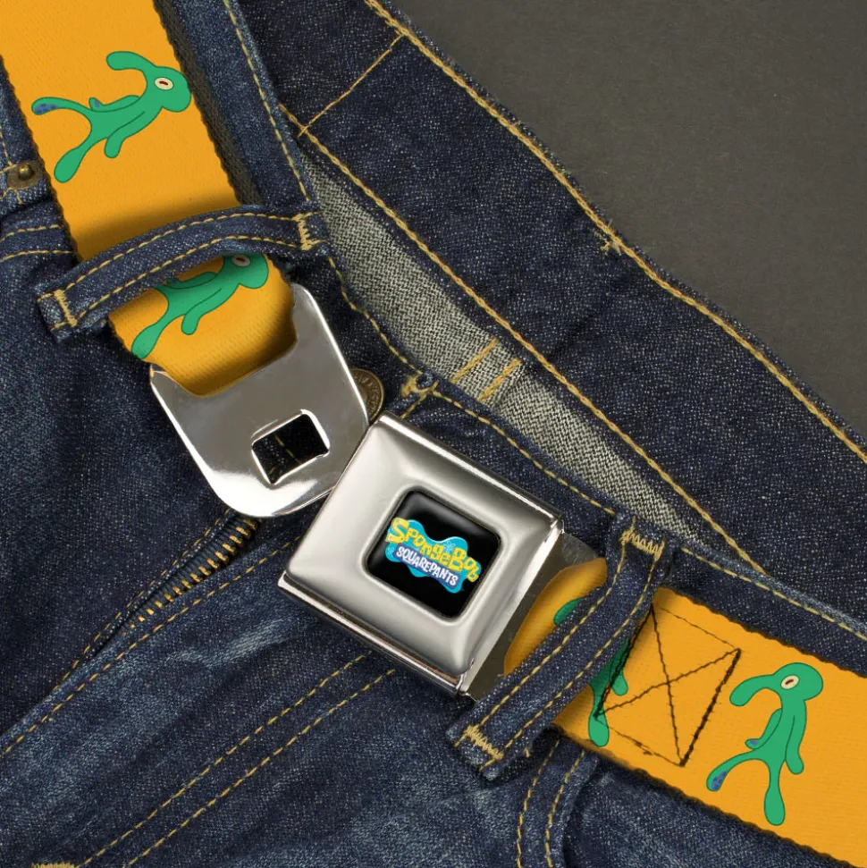 SpongeBob SquarePants Logo Full Color Black/Blues Seatbelt Belt - SpongeBob Squidward Bold and Brash Painting Orange/Green Webbing