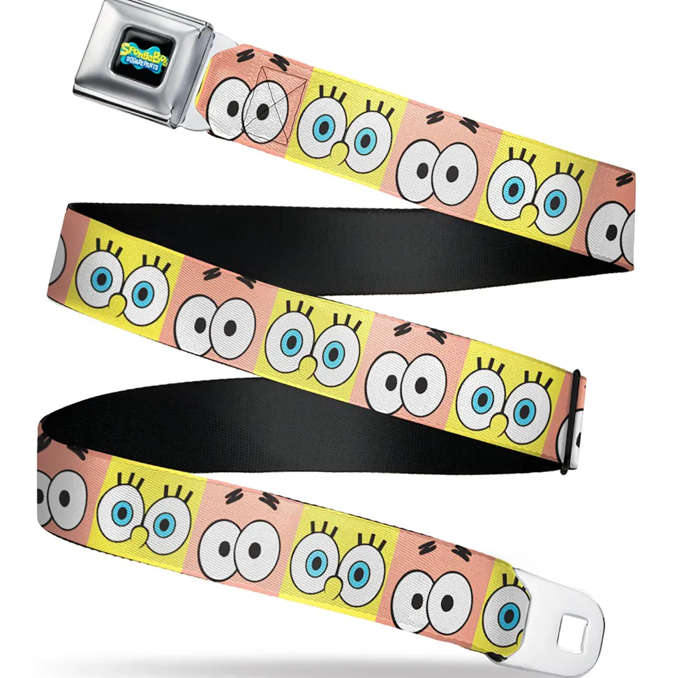 SpongeBob SquarePants Logo Full Color Black/Blues Seatbelt Belt - SpongeBob SquarePants and Patrick Star Eye Blocks Yellow/Pink Webbing