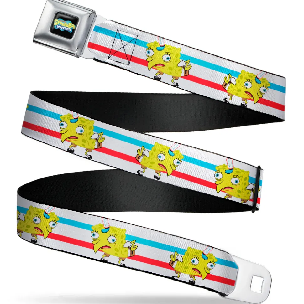 SpongeBob SquarePants Logo2 Full Color Black Seatbelt Belt - Mocking SpongeBob Pose Stripe White/Blue/Red Webbing