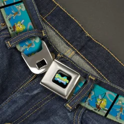 SpongeBob SquarePants Logo Full Color Black/Blues Seatbelt Belt - SpongeBob SquarePants and Squidward Pizza Scene Pose Blocks Webbing