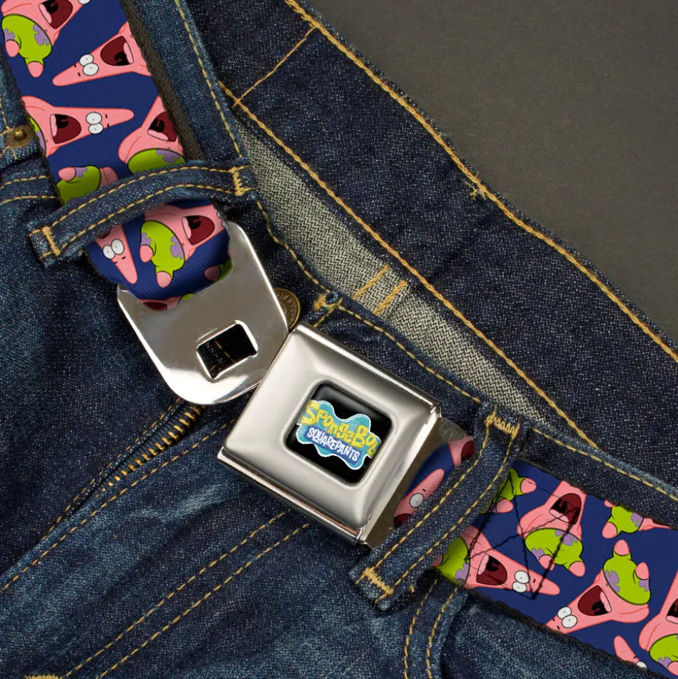 SpongeBob SquarePants Logo Full Color Black Seatbelt Belt - Patrick Starfish Pose Scattered Purple Webbing