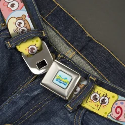 SPONGEBOB SQUAREPANTS Title Logo Full Color Blues/Yellow Seatbelt Belt - SpongeBob SquarePants and Friends Close-Up Face Light Blue Webbing