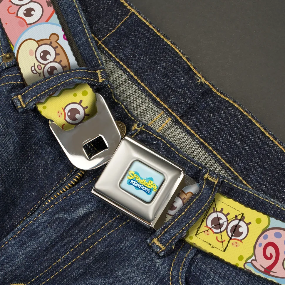 SPONGEBOB SQUAREPANTS Title Logo Full Color Blues/Yellow Seatbelt Belt - SpongeBob SquarePants and Friends Close-Up Face Light Blue Webbing