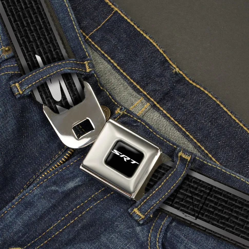 SRT Logo Full Color Black White Seatbelt Belt - Dodge SRT Hellcat Logo Stripe Black/Silver/White Webbing