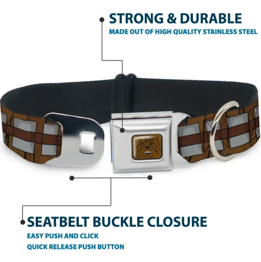 Star Wars Chewbacca Face CLOSE-UP Full Color Brown Seatbelt Buckle Collar - Star Wars Chewbacca Bandolier Bounding Browns/Gray