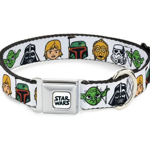 STAR WARS Doodle Logo Full Color White/Black Seatbelt Buckle Collar - Star Wars 6-Character Faces White