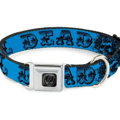 Steal Your Face Seatbelt Buckle Collar - Grateful Dead Text w/Skull & Roses Turquoise