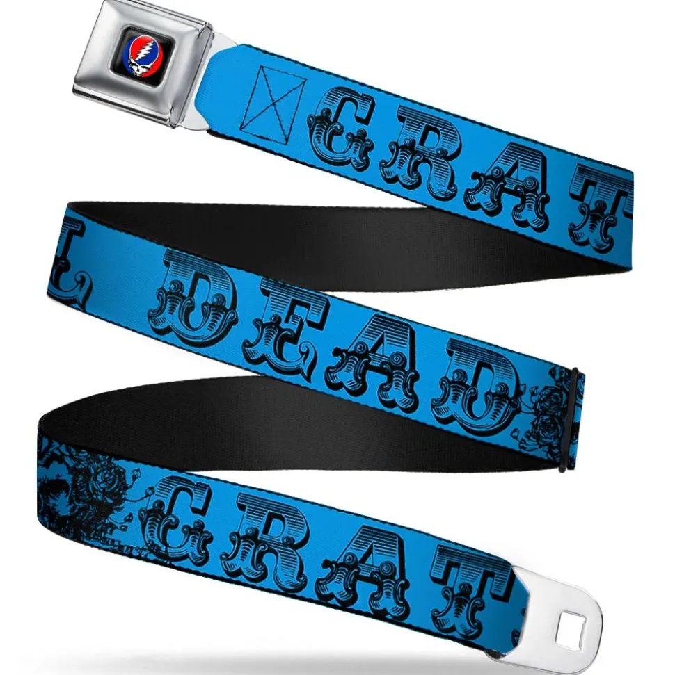 Steal Your Face Seatbelt Belt - Grateful Dead Text w/Skull & Roses Turquoise Webbing