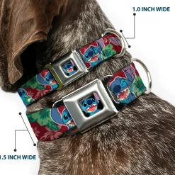 Stitch Smiling CLOSE-UP Full Color Black Seatbelt Buckle Collar - Stitch 6-Expressions Tropical Flora Burgundy Reds/Greens