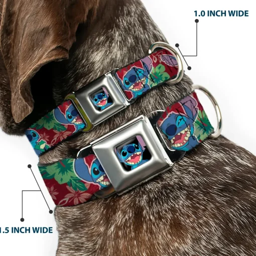 Stitch Smiling CLOSE-UP Full Color Black Seatbelt Buckle Collar - Stitch 6-Expressions Tropical Flora Burgundy Reds/Greens