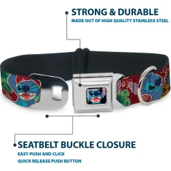 Stitch Smiling CLOSE-UP Full Color Black Seatbelt Buckle Collar - Stitch 6-Expressions Tropical Flora Burgundy Reds/Greens