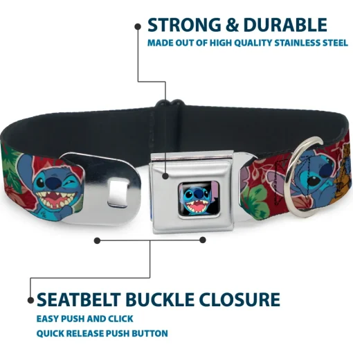 Stitch Smiling CLOSE-UP Full Color Black Seatbelt Buckle Collar - Stitch 6-Expressions Tropical Flora Burgundy Reds/Greens