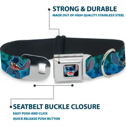 Stitch Smiling CLOSE-UP Full Color Black Seatbelt Buckle Collar - Stitch Expressions/Hibiscus Collage Green-Blue Fade
