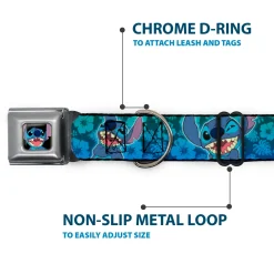 Stitch Smiling CLOSE-UP Full Color Black Seatbelt Buckle Collar - Stitch Expressions/Hibiscus Collage Green-Blue Fade