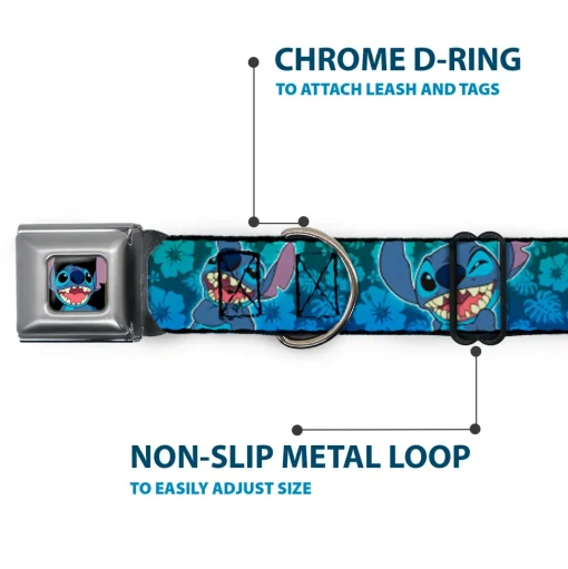 Stitch Smiling CLOSE-UP Full Color Black Seatbelt Buckle Collar - Stitch Expressions/Hibiscus Collage Green-Blue Fade