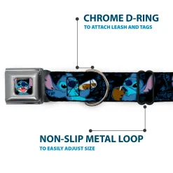 Stitch Smiling CLOSE-UP Full Color Black Seatbelt Buckle Collar - Stitch Snacking Poses Black/Blue