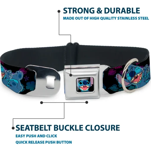 Stitch Smiling CLOSE-UP Full Color Seatbelt Buckle Collar - Stitch 2-Expressions/2-Poses Tropical Flora Black/Purple-Blue Fade