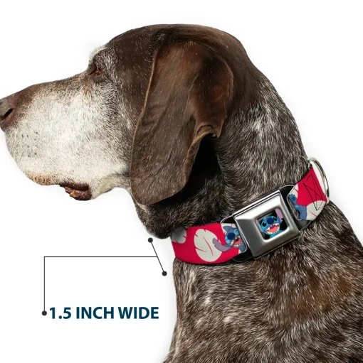 Stitch Smiling Full Color CLOSE-UP Seatbelt Buckle Collar - Lilo & Stitch Stitch 4-Poses/Lilo Dress Leaves Red/Ivory