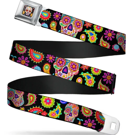 Sugar Skull Starburst Full Color Black/Multi Color Seatbelt Belt - Bobo Sugar Skull/Paisley Black/Multi Color Webbing