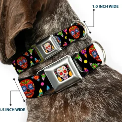Sugar Skull Starburst Full Color Black/Multi Color Seatbelt Buckle Collar - Colorful Calaveras Black/Multi Color
