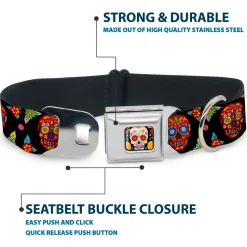 Sugar Skull Starburst Full Color Black/Multi Color Seatbelt Buckle Collar - Colorful Calaveras Black/Multi Color