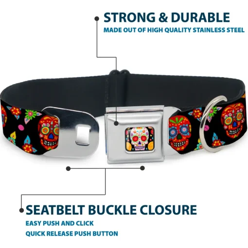 Sugar Skull Starburst Full Color Black/Multi Color Seatbelt Buckle Collar - Colorful Calaveras Black/Multi Color