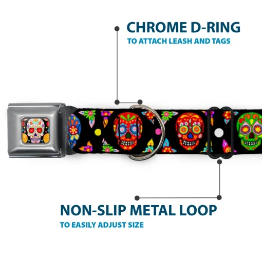 Sugar Skull Starburst Full Color Black/Multi Color Seatbelt Buckle Collar - Colorful Calaveras Black/Multi Color