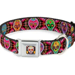 Sugar Skull Starburst Full Color Black/Multi Color Seatbelt Buckle Collar - Six Sugar Skulls Multi Color