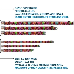 Sugar Skull Starburst Full Color Black/Multi Color Seatbelt Buckle Collar - Six Sugar Skulls Multi Color