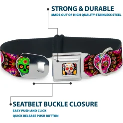 Sugar Skull Starburst Full Color Black/Multi Color Seatbelt Buckle Collar - Six Sugar Skulls Multi Color