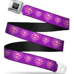 Superman Black Silver Seatbelt Belt - Superman Logo in Heart Purple/White/Pink Webbing