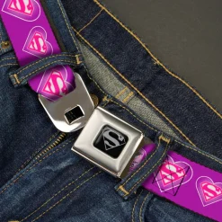 Superman Black Silver Seatbelt Belt - Superman Logo in Heart Purple/White/Pink Webbing
