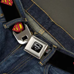 Superman Black Silver Seatbelt Belt - Superman Shield Black Webbing