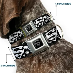Superman Black Silver Seatbelt Buckle Collar - Superman Shield Splatter Black/White