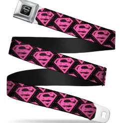 Superman Black Silver Seatbelt Belt - Diagonal Superman Logo w/Hearts Black/Pink Webbing