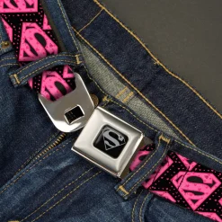 Superman Black Silver Seatbelt Belt - Diagonal Superman Logo w/Hearts Black/Pink Webbing