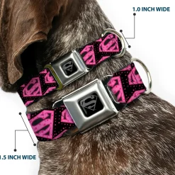 Superman Black Silver Seatbelt Buckle Collar - Diagonal Superman Logo w/Hearts Black/Pink