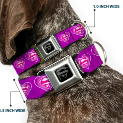 Superman Black Silver Seatbelt Buckle Collar - Superman Logo in Heart Purple/White/Pink
